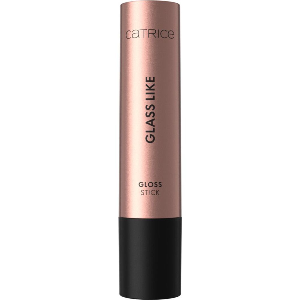 Rosafarbener Lippenstift-Stick mit schwarzem Boden. Aufschrift: CATRICE, GLASS LIKE, GLOSS STICK.