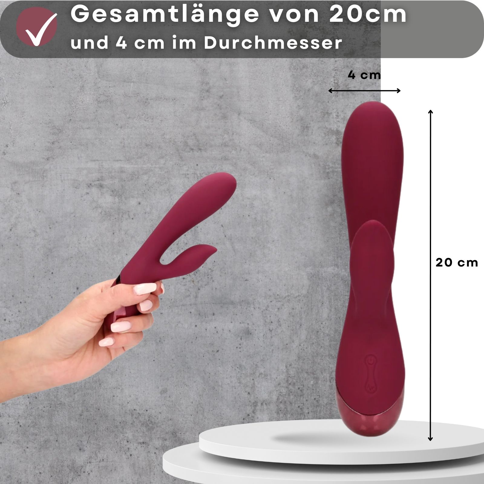 Weinroter Vibrator. Größenangaben: 20 cm lang, 4 cm Durchmesser. Zwei Ansichten.