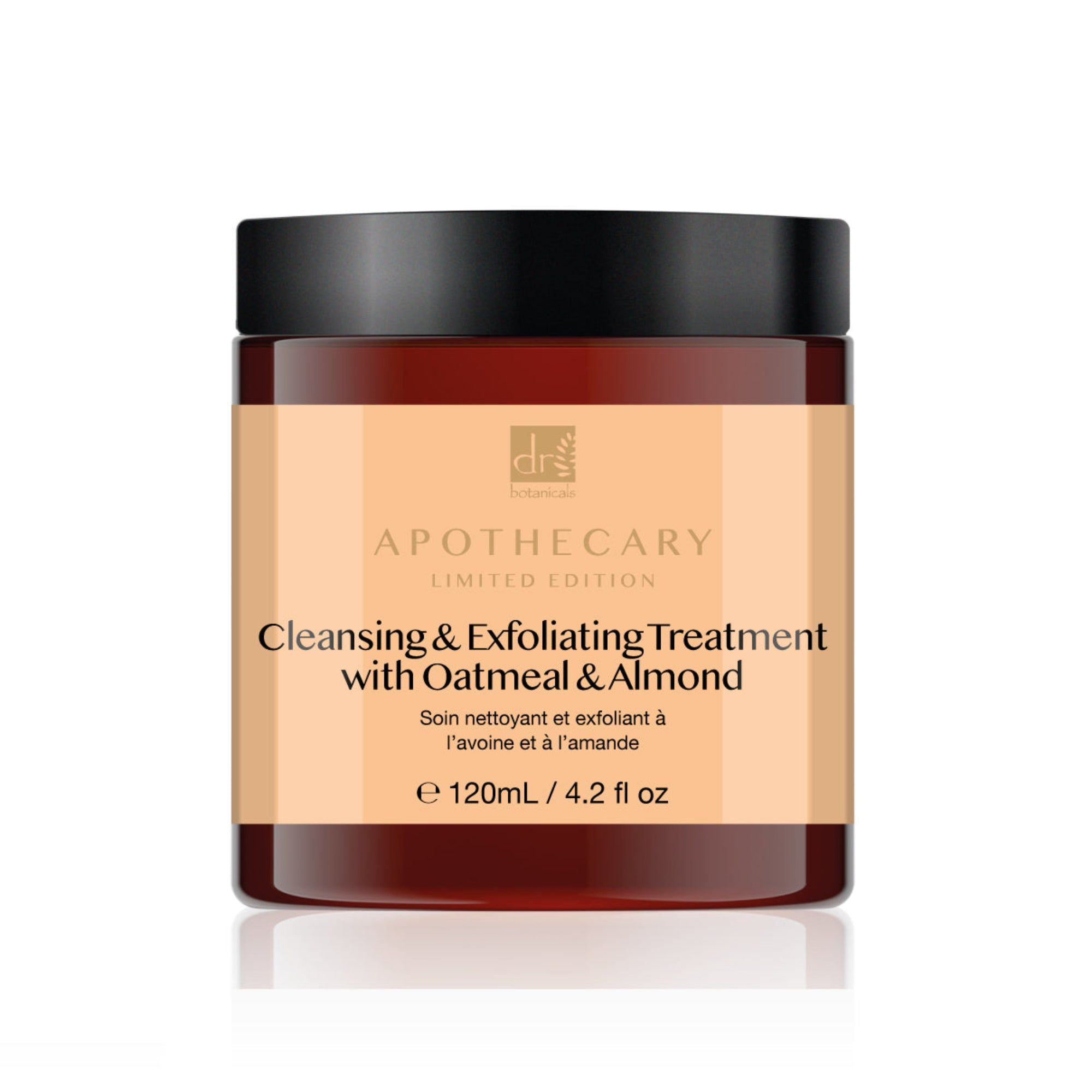 Braune Dose mit schwarzem Deckel. Aufschrift: Cleansing & Exfoliating Treatment with Oatmeal & Almond. Apothecary Limited Edition.