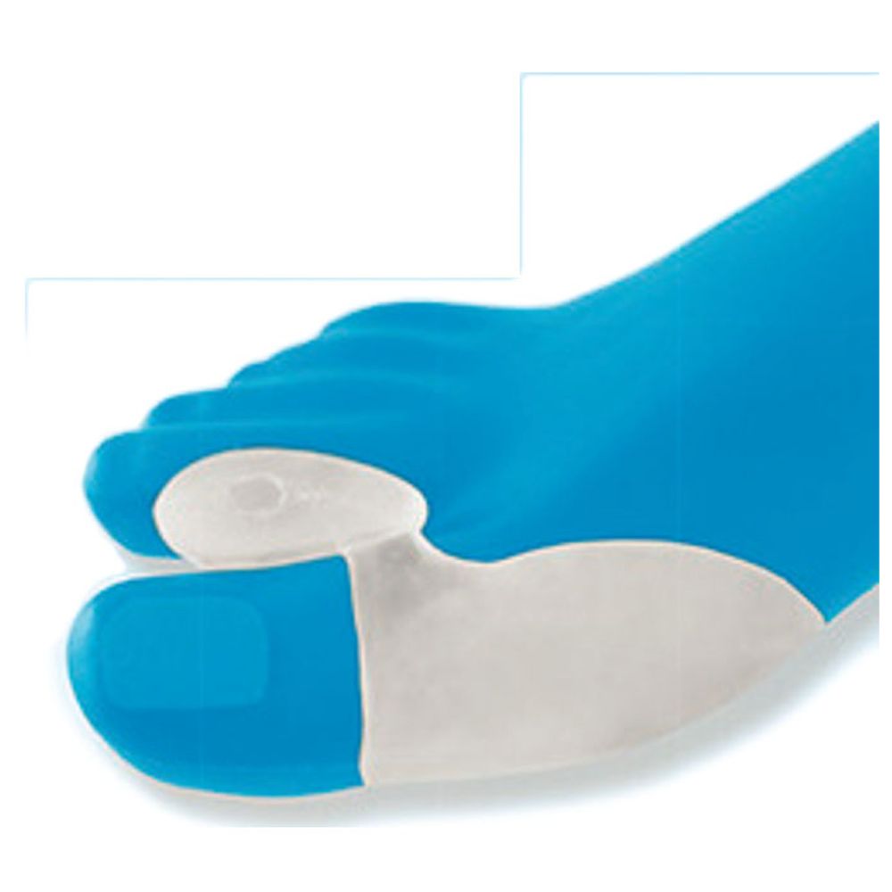 Blaues Zehenschutz-Produkt, teilweise am Fuß angebracht. Weißer Bereich um den großen Zeh. Silikonmaterial.