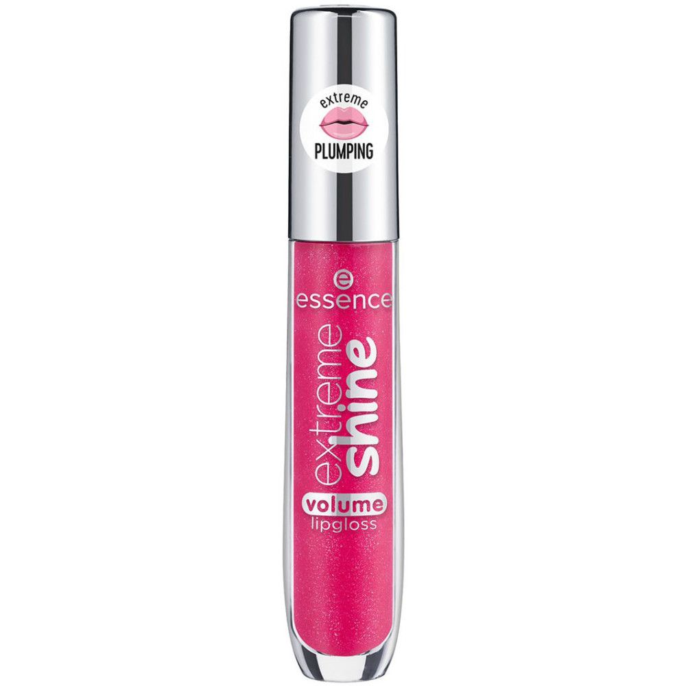 Essence Extreme Glanz Volumen Lipgloss. Transparente Tube mit pinkfarbenem Inhalt. Silberner Deckel mit Aufschrift. "Extreme Plumping" und "Extreme Shine" Text.