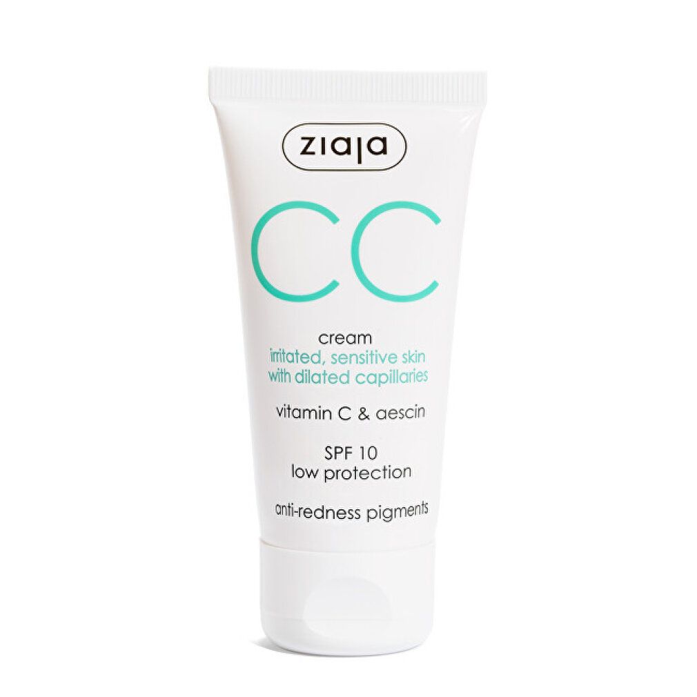 Weiße Tube mit grünem Aufdruck. Text: Ziaja, CC cream, irritated, sensitive skin, vitamin C & aescin, SPF 10, anti-redness pigments.