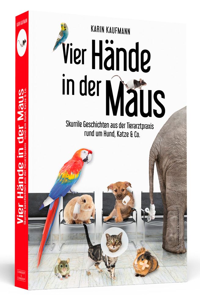 Buchcover: Titel "Vier Hände in der Maus". Autorin: Karin Kaufmann. Illustrationen von Tieren in einer Tierarztpraxis.
