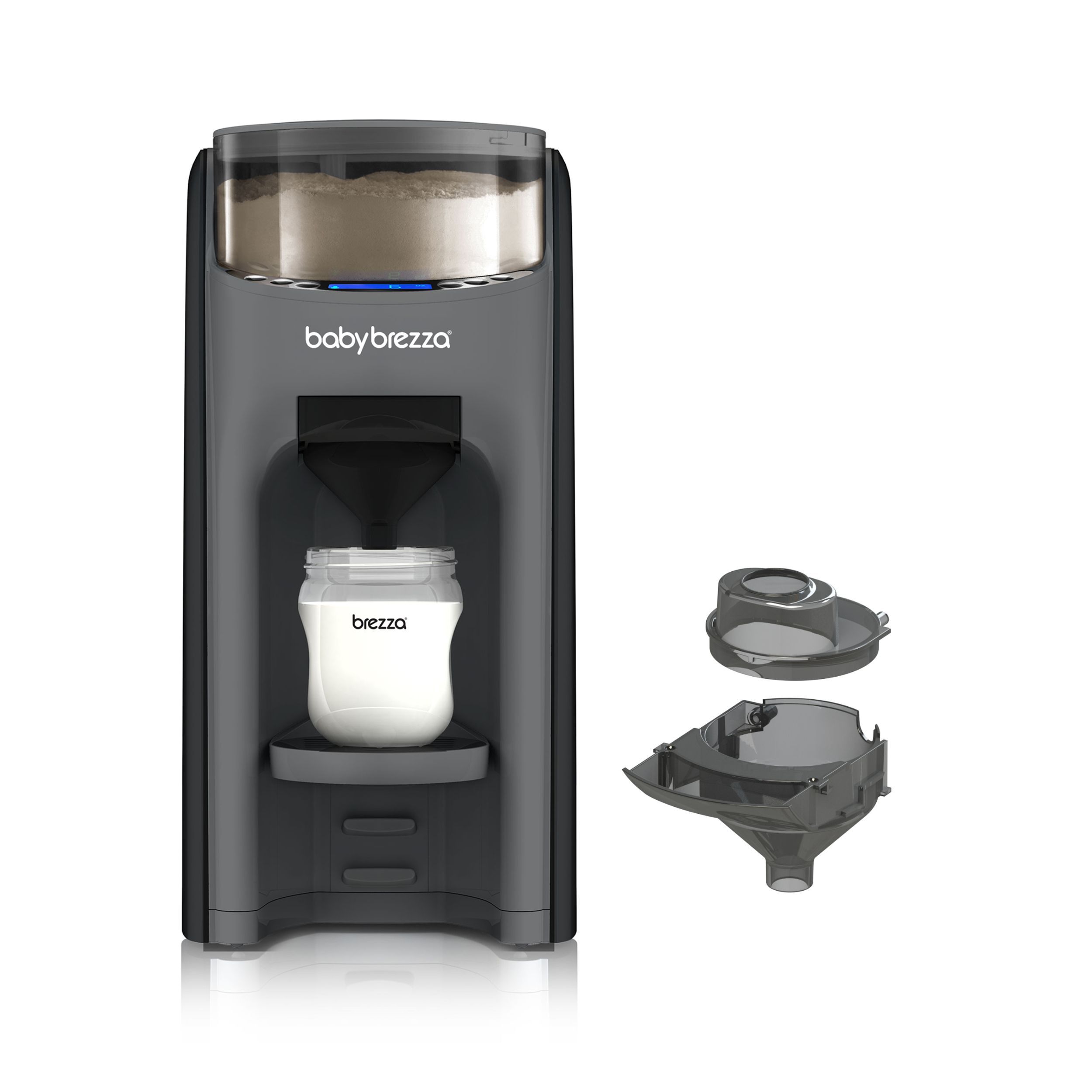 Baby Brezza Formula Pro Advanced Set in Grau mit Milchpulverbehälter und Flaschenhalterung.