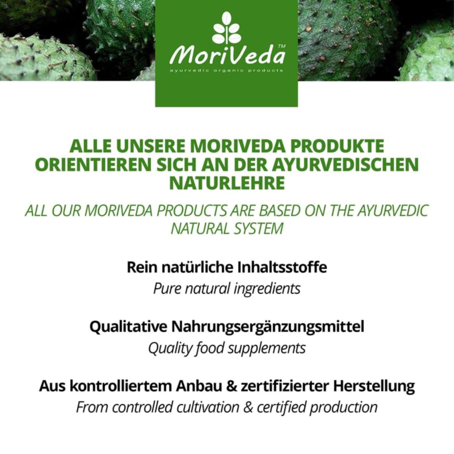 Text über MORI VEDA-Produkte. Fokus auf ayurvedische Naturlehre. Reine natürliche Inhaltsstoffe. Qualitative Nahrungsergänzungsmittel.