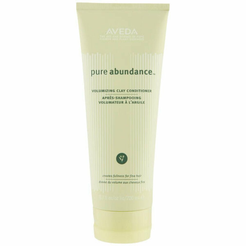 Hellgelbe Tube mit Produktnamen und Schriftzug. Aveda Pure Abundance Balsamo Volumizzante all'Argilla. Vertikale Streifen.