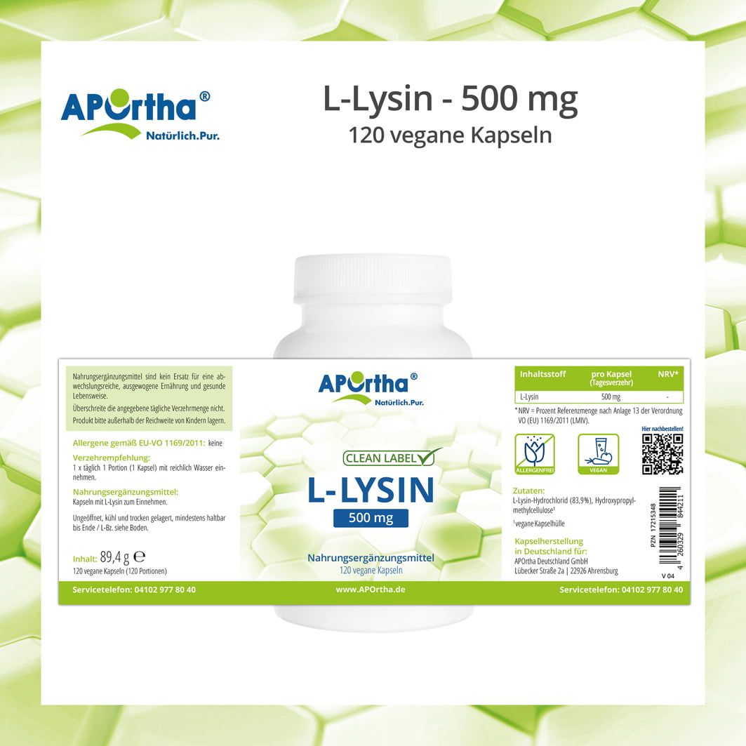 Weiße Flasche mit Etikett. Enthält L-Lysin 500 mg, 120 vegane Kapseln. Auf dem Etikett: APOrtha, Clean Label, Nährwertangaben, QR-Code.