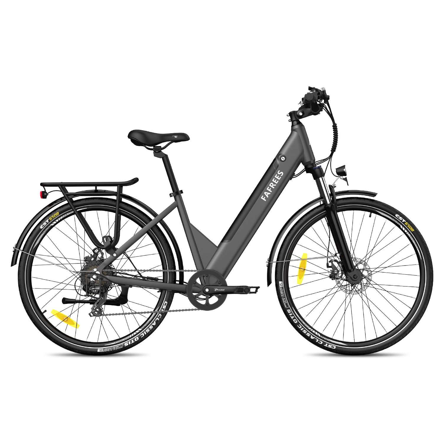 Graues E-Bike mit Gepäckträger, Schutzblechen und dem Schriftzug FAFREES. Schwarze Reifen mit gelben Akzenten.