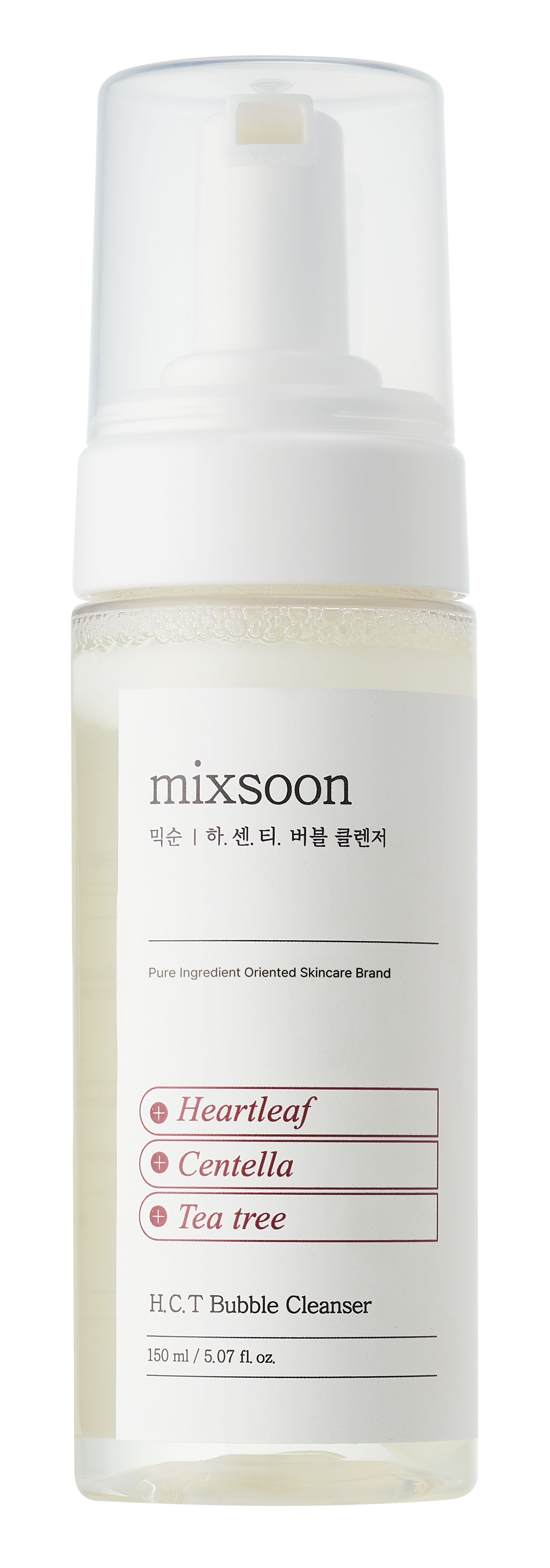 H.C.T Bubble Cleanser von mixsoon. Weiße Flasche mit Pumpe. Etikett mit Produktnamen und Inhaltsstoffen: Heartleaf, Centella, Tea tree.