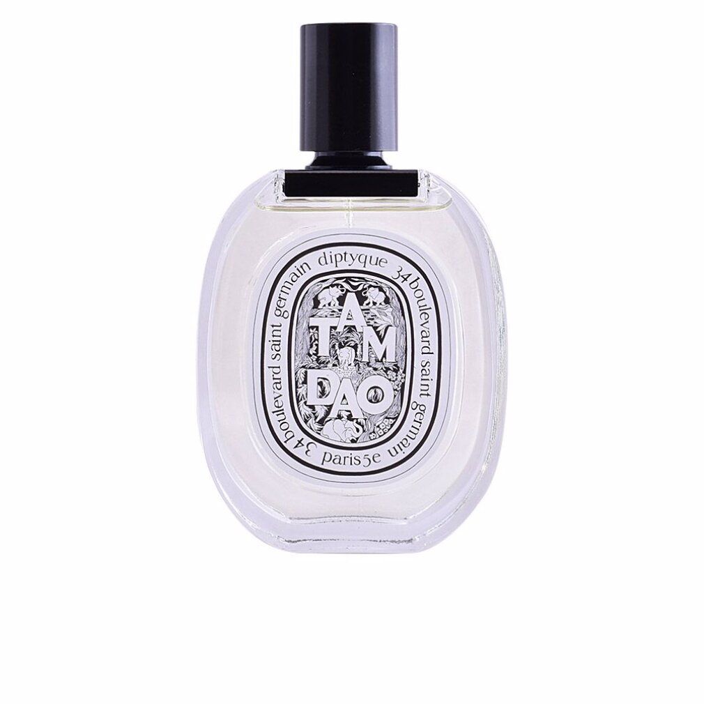 Runde Parfümflasche mit schwarzem Verschluss. Aufschrift: Tam Dao, Diptyque, 34 boulevard saint germain, Paris 5e.