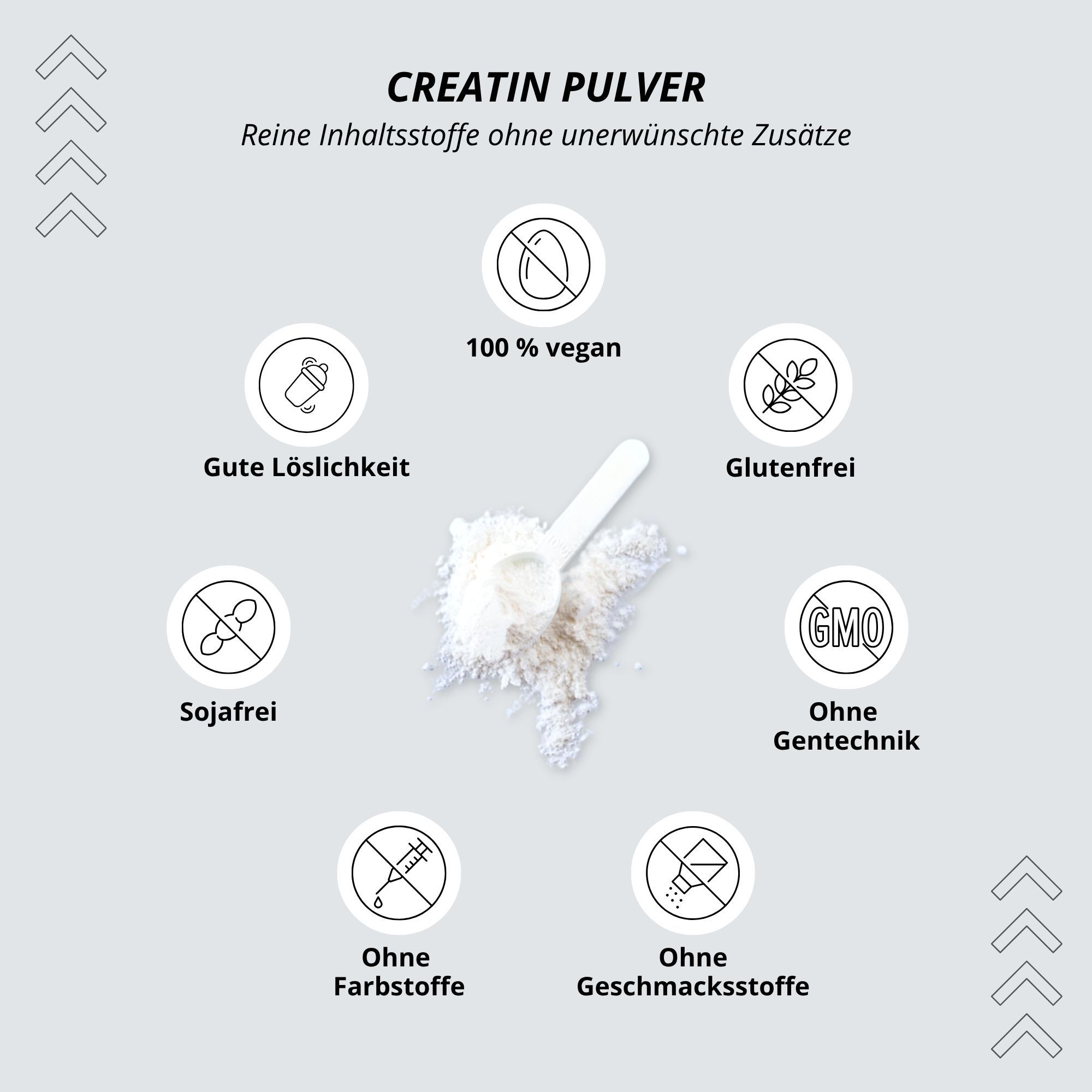 Nutri+ Kreatinpulver: 100% vegan, glutenfrei, GMO-frei, sojafrei, ohne Farbstoffe, ohne Geschmacksstoffe.