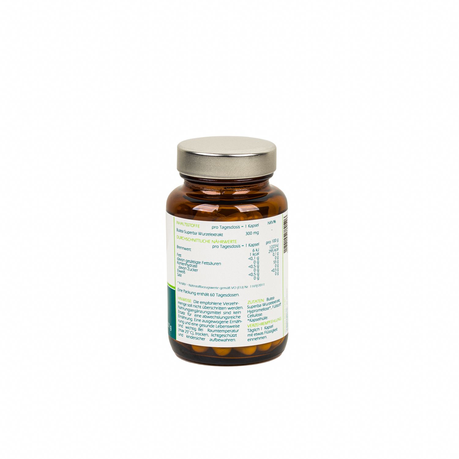 Rückseite einer Flasche Vitalsee BUTEA superba Kapseln. Informationen zu Nährwerten und Inhaltsstoffen.