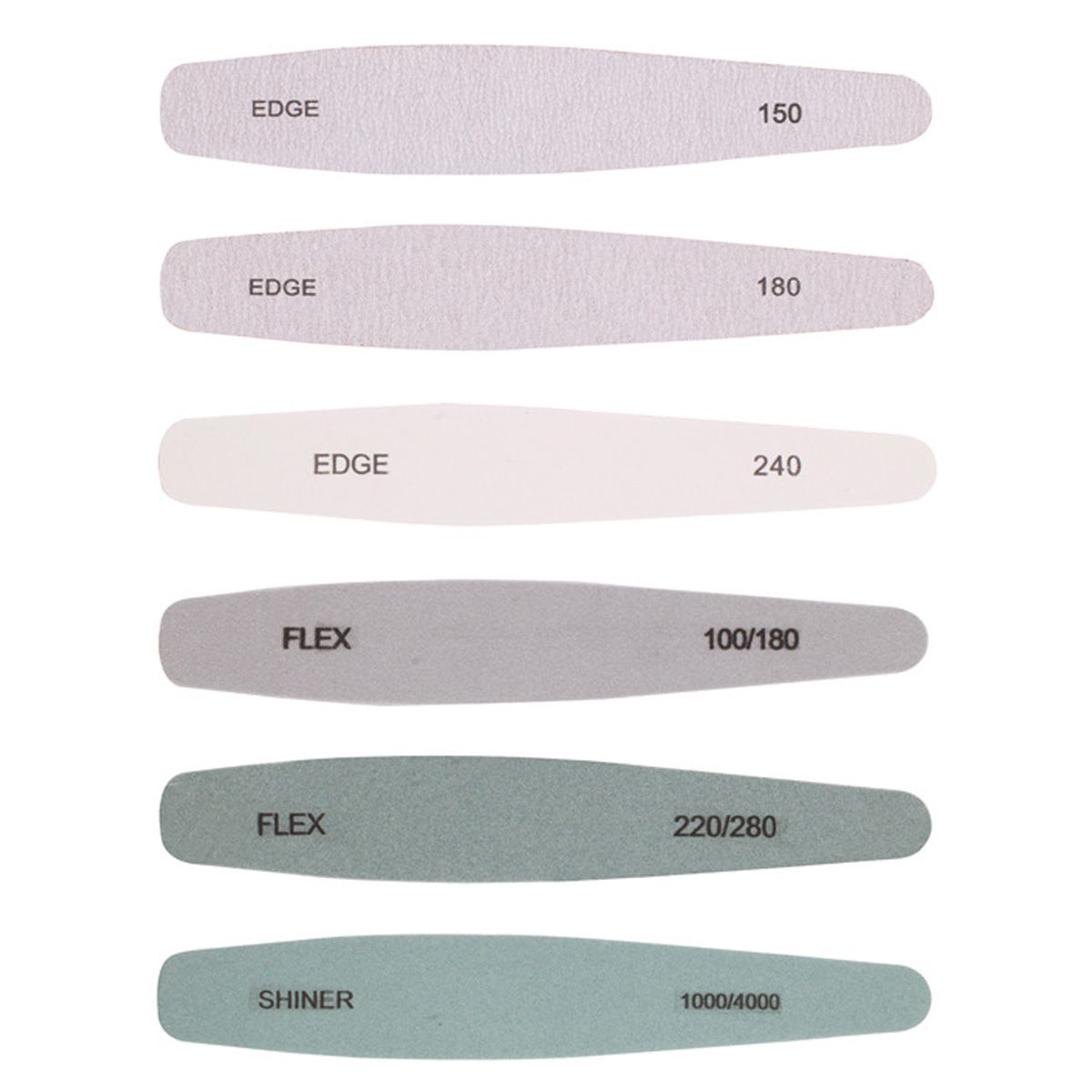 Sechs UNIQ Beauty Nagelfeilen in verschiedenen Körnungen: 150, 180, 240, 100/180, 220/280, 1000/4000.