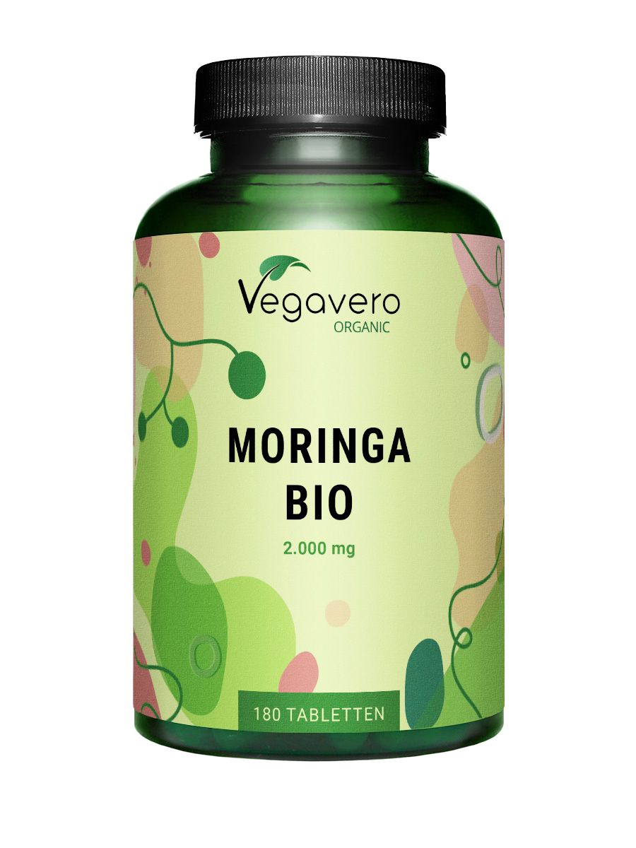 Grüne Flasche mit Moringa BIO Tabletten. Vegavaro Logo. 180 Tabletten. 2.000 mg.