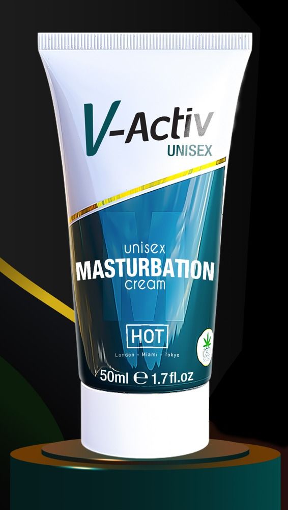 Tube mit Produktinformationen. V-Activ Unisex Masturbationscreme. 50ml. Mit CBD-Logo.