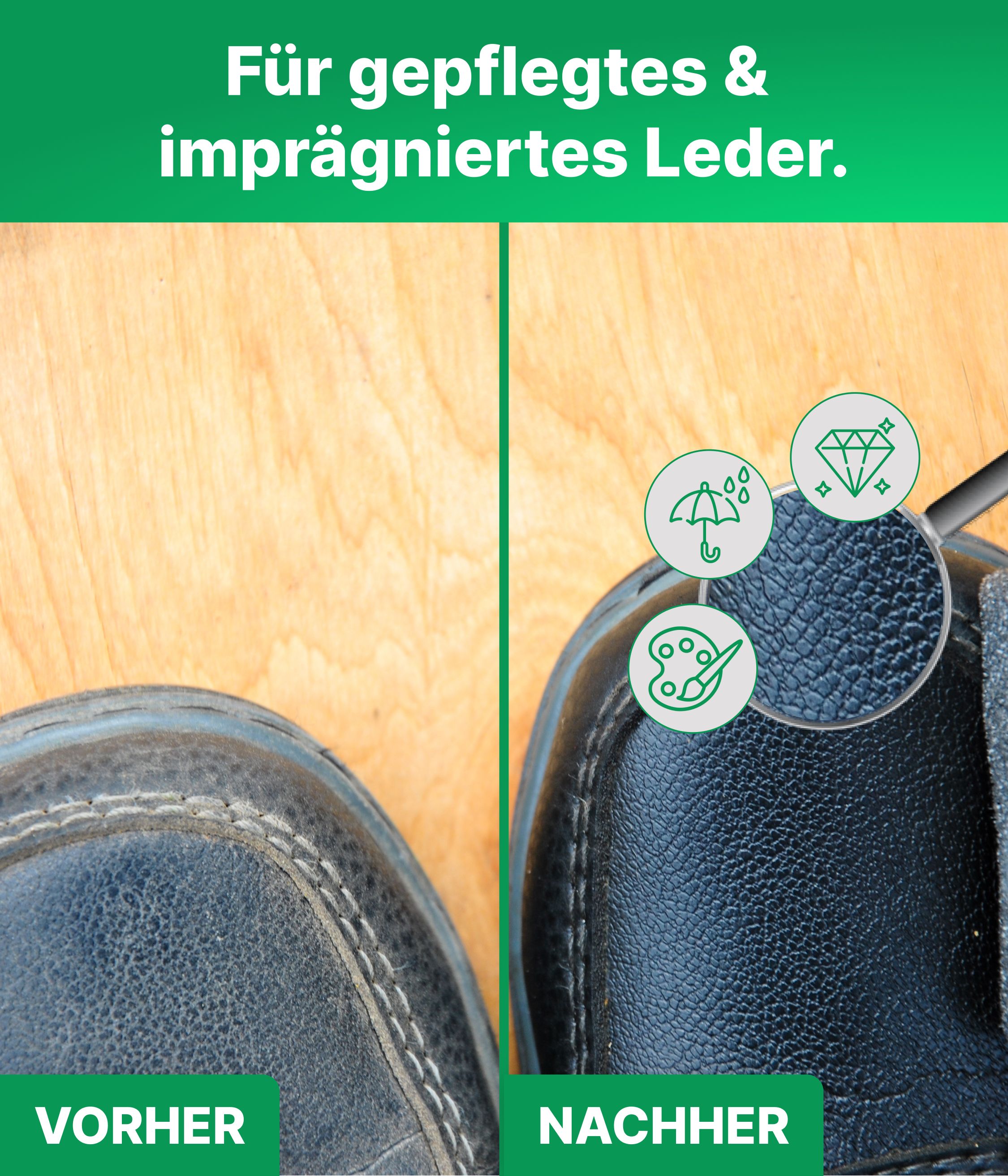 Vorher-Nachher-Vergleich. Linke Schuhhälfte: abgenutzt. Rechte Schuhhälfte: glänzend. Symbole: Regen, Diamant, Pinsel.
