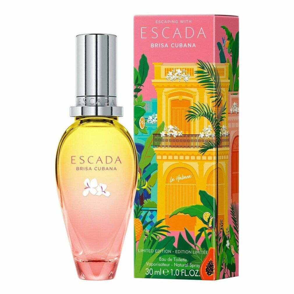 Escada Brisa Cubana E.d.T. Nat. Spray. Flakon und Verpackung. Rosa Verpackung mit kubanischem Motiv. 30 ml.