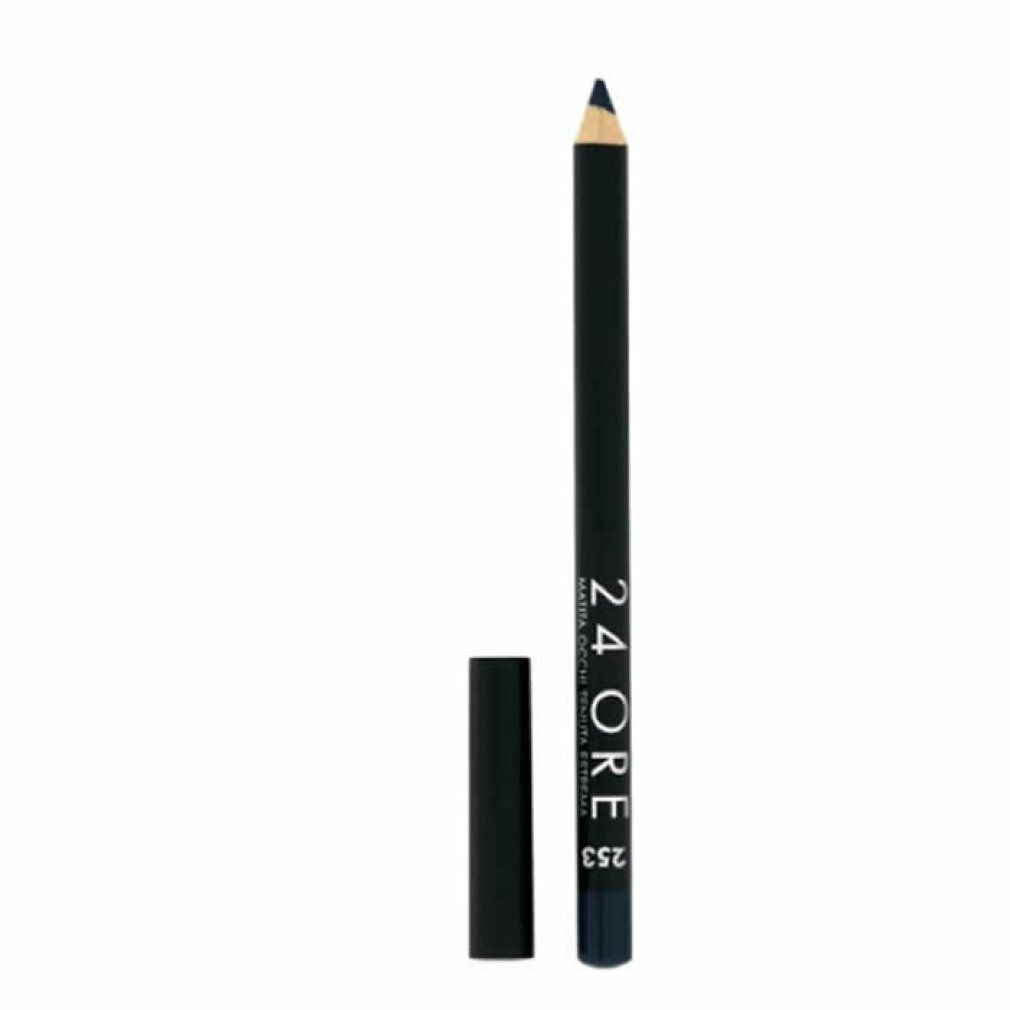 Deborah Milano Eyeliner 24Ore 253. Blauer Kajalstift mit schwarzem Schaft und Kappe. Produktname und Farbnummer deutlich sichtbar.