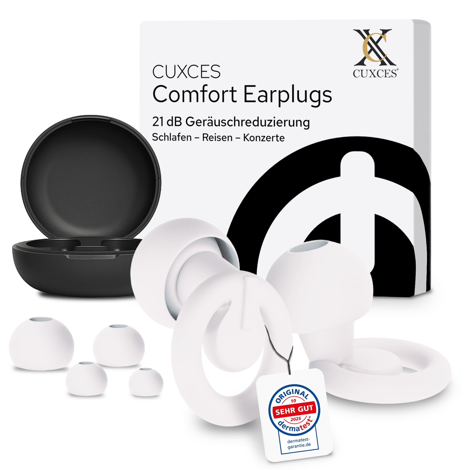 Produktverpackung mit Ohrstöpseln, Aufbewahrungsdose und Zubehör. Text: CUXCES Comfort Earplugs, 21 dB Geräuschreduzierung.