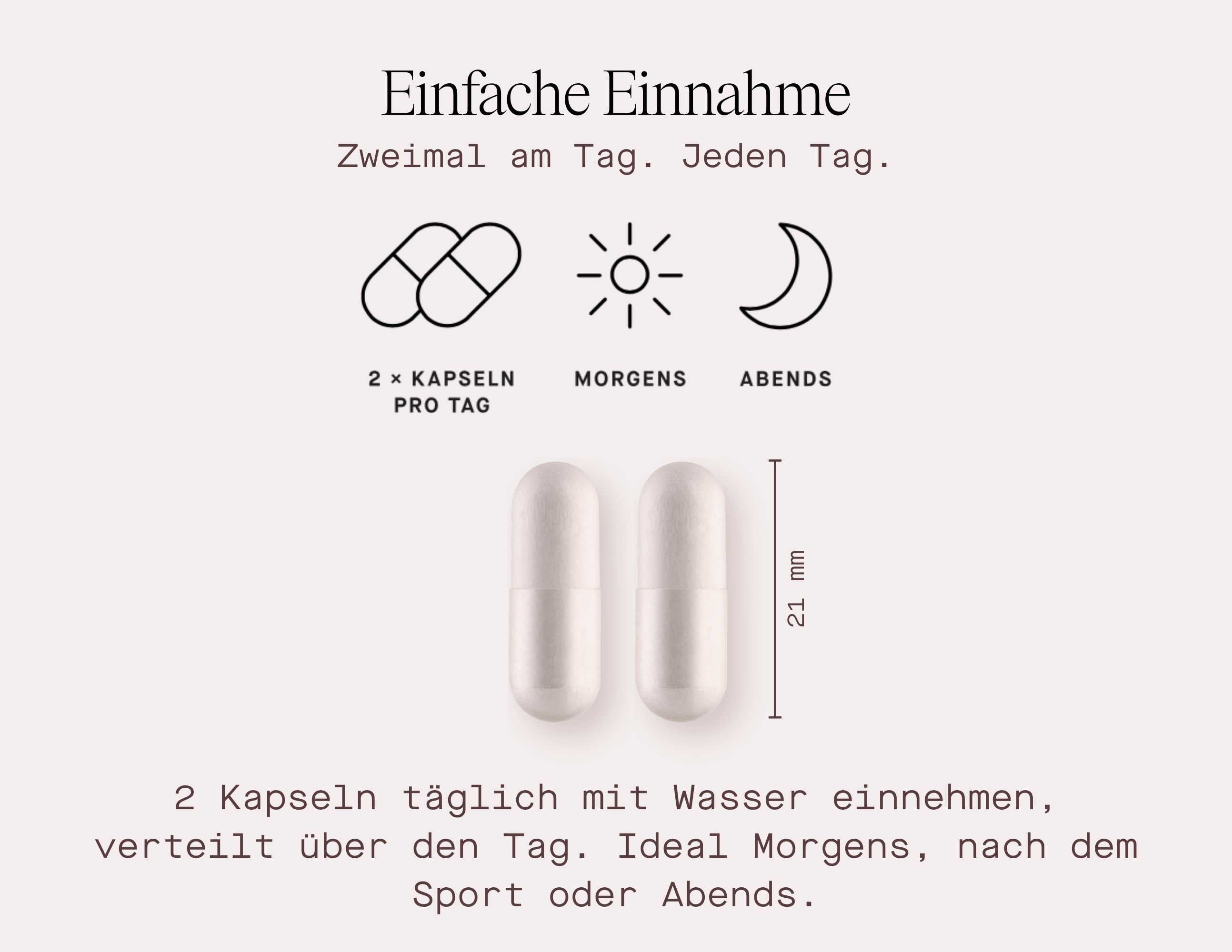 Grafik mit zwei Kapseln. Einnahme: 2 Kapseln täglich, morgens und abends. Größe: 21 mm.