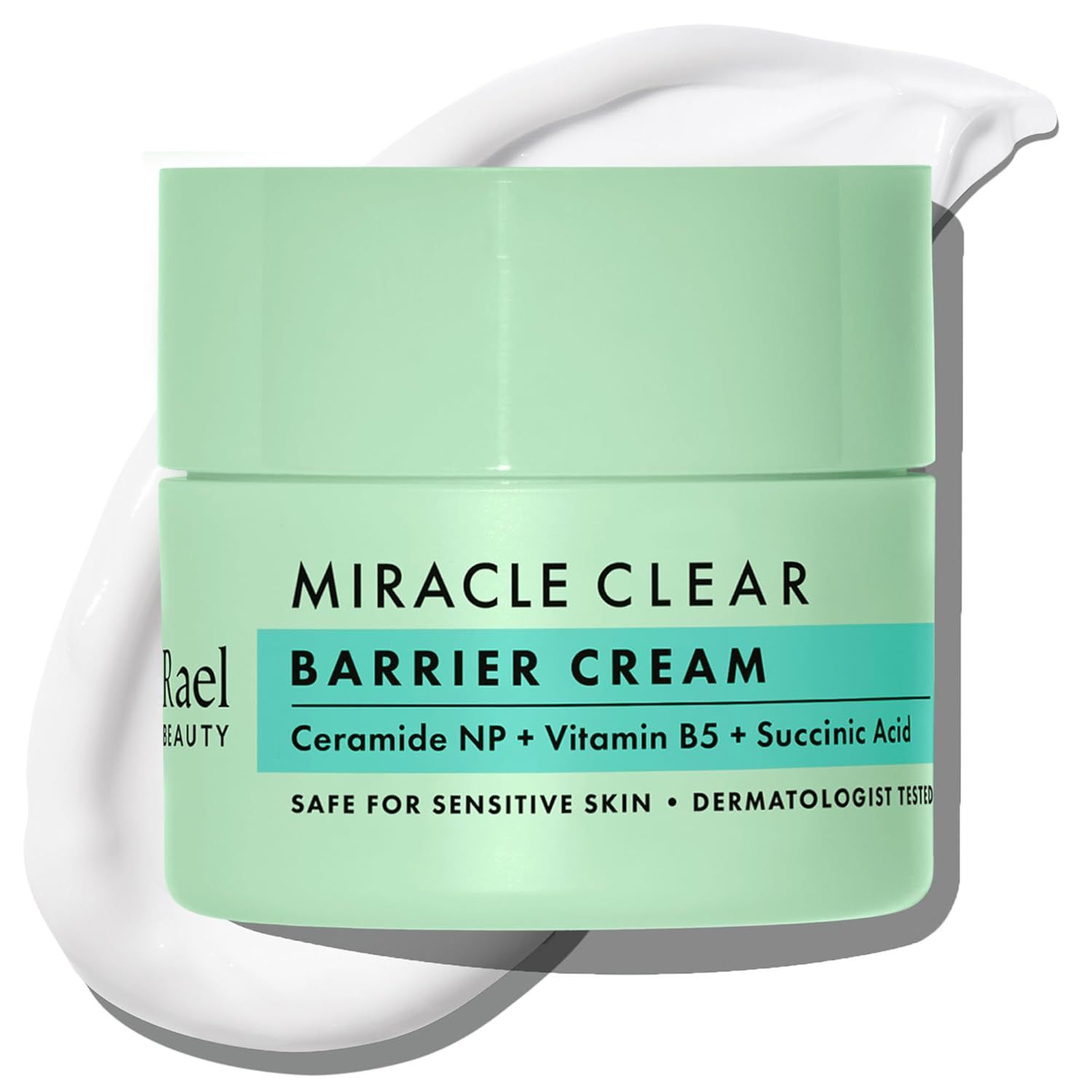 Hellgrüne Creme-Dose mit weißer Creme. Aufschrift: Miracle Clear Barrier Cream, Ceramide NP, Vitamin B5, Succinic Acid. Dermatologisch getestet.