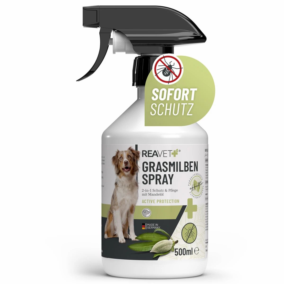 ReaVET Grasmilben Spray Flasche mit Sprühkopf, 500ml, mit Hundemotiv und "Sofort Schutz" Siegel.