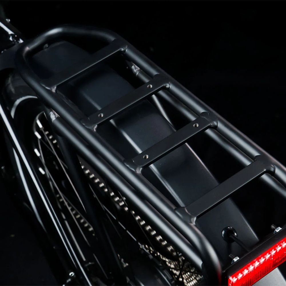 Schwarzer Gepäckträger mit Rücklicht an einem E-Bike. Der Träger hat drei horizontale Streben.
