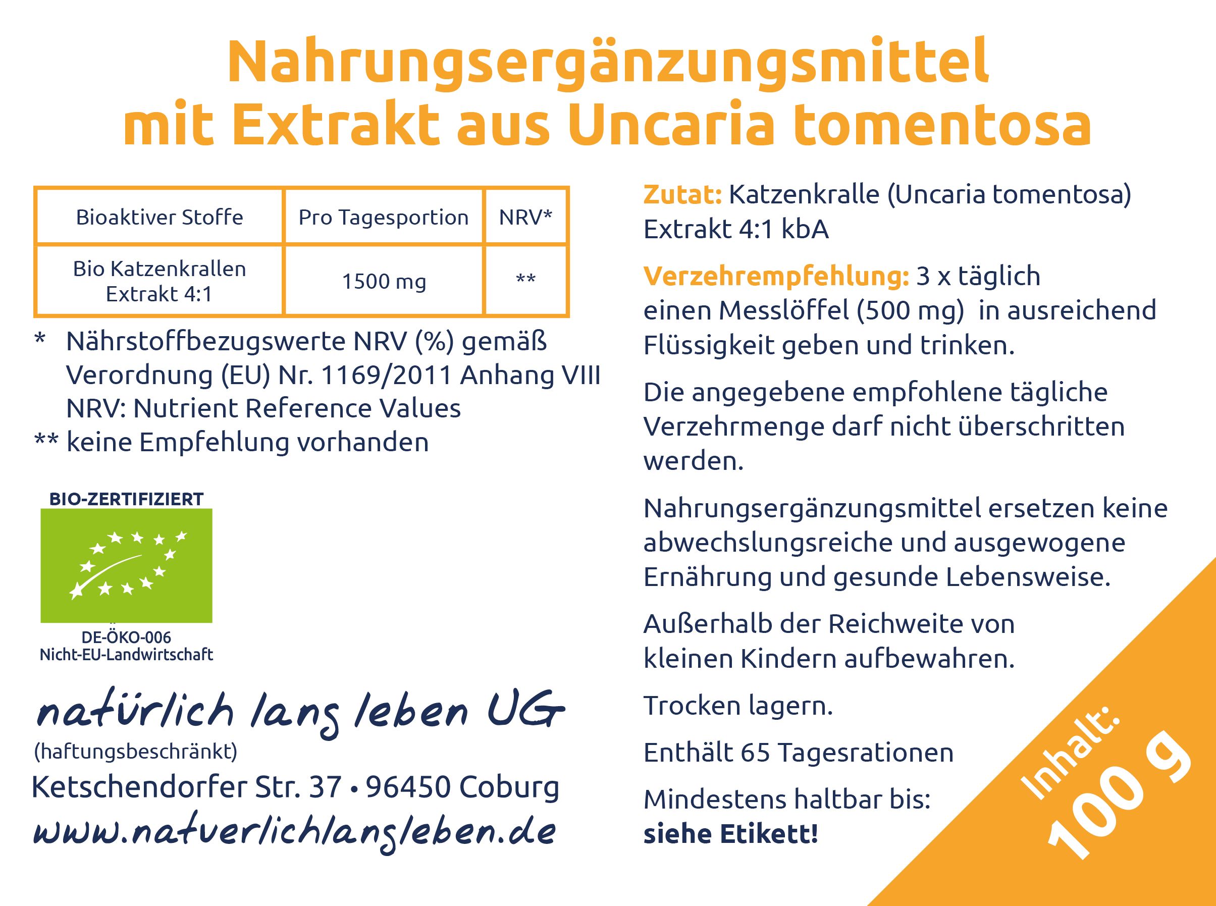 natürlich lang leben BIO Katzenkralle Extrakt Pulver