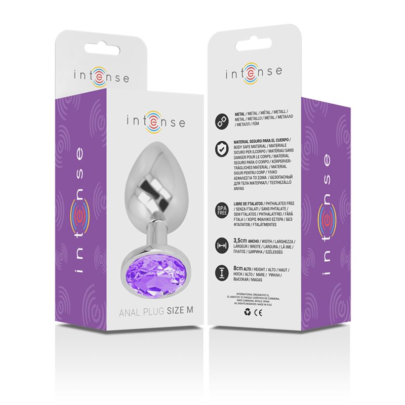 Produktverpackung mit Analplug. Metall-Plug mit lila Kristall. Text: Intense, Anal Plug Size M. Verpackungsinformationen.
