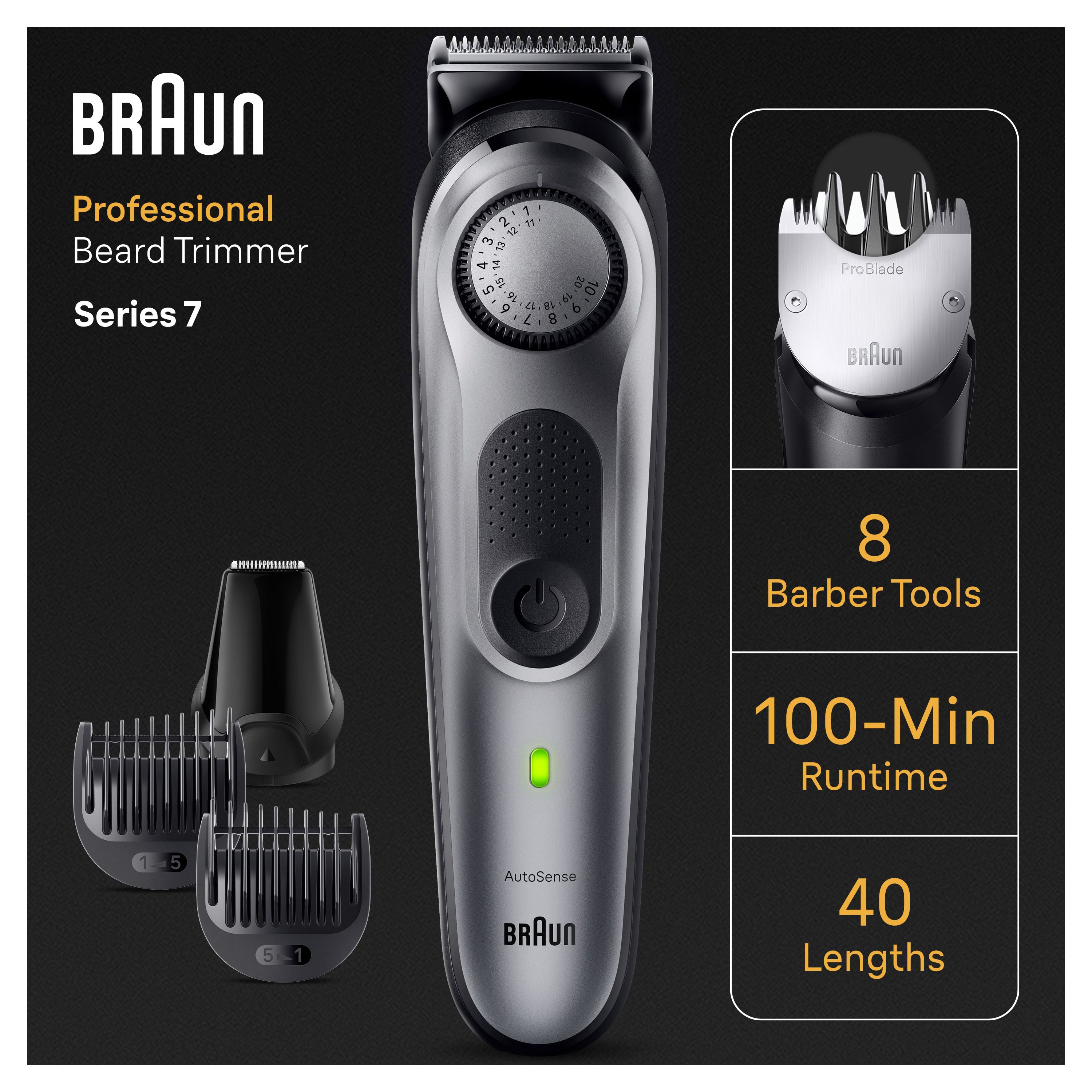 Grauer Barttrimmer Braun Series 7 mit Zubehör. 8 Bartwerkzeuge, 100 Min. Laufzeit, 40 Längen. Braun Logo.