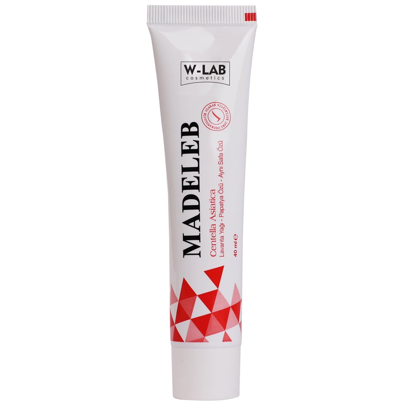 Tube mit Produktnamen und Inhaltsstoffen. Marke W-LAB. Rote und weiße geometrische Muster. 40 ml.