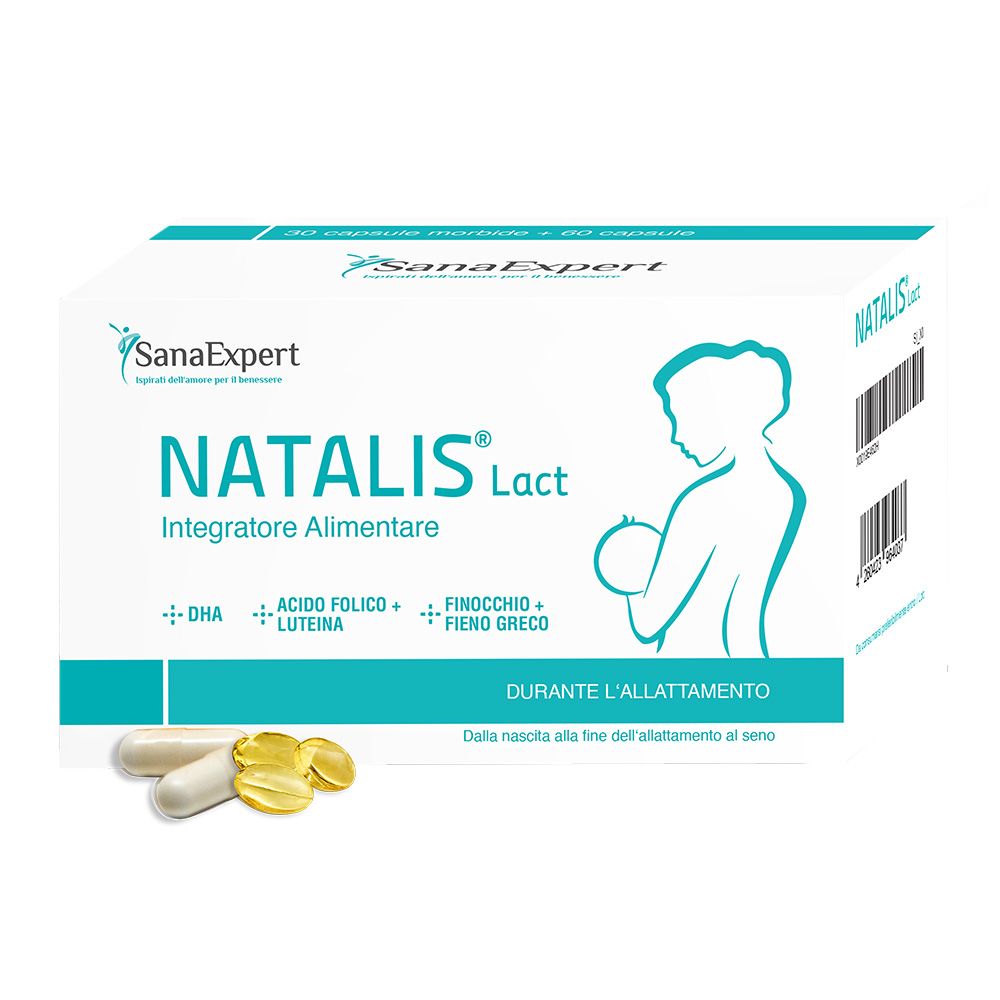SanaExpert Natalis Lact. Weiße Schachtel mit Kapseln. Aufschrift: Natalis Lact, Integratore Alimentare. Logo: Frau mit Baby.