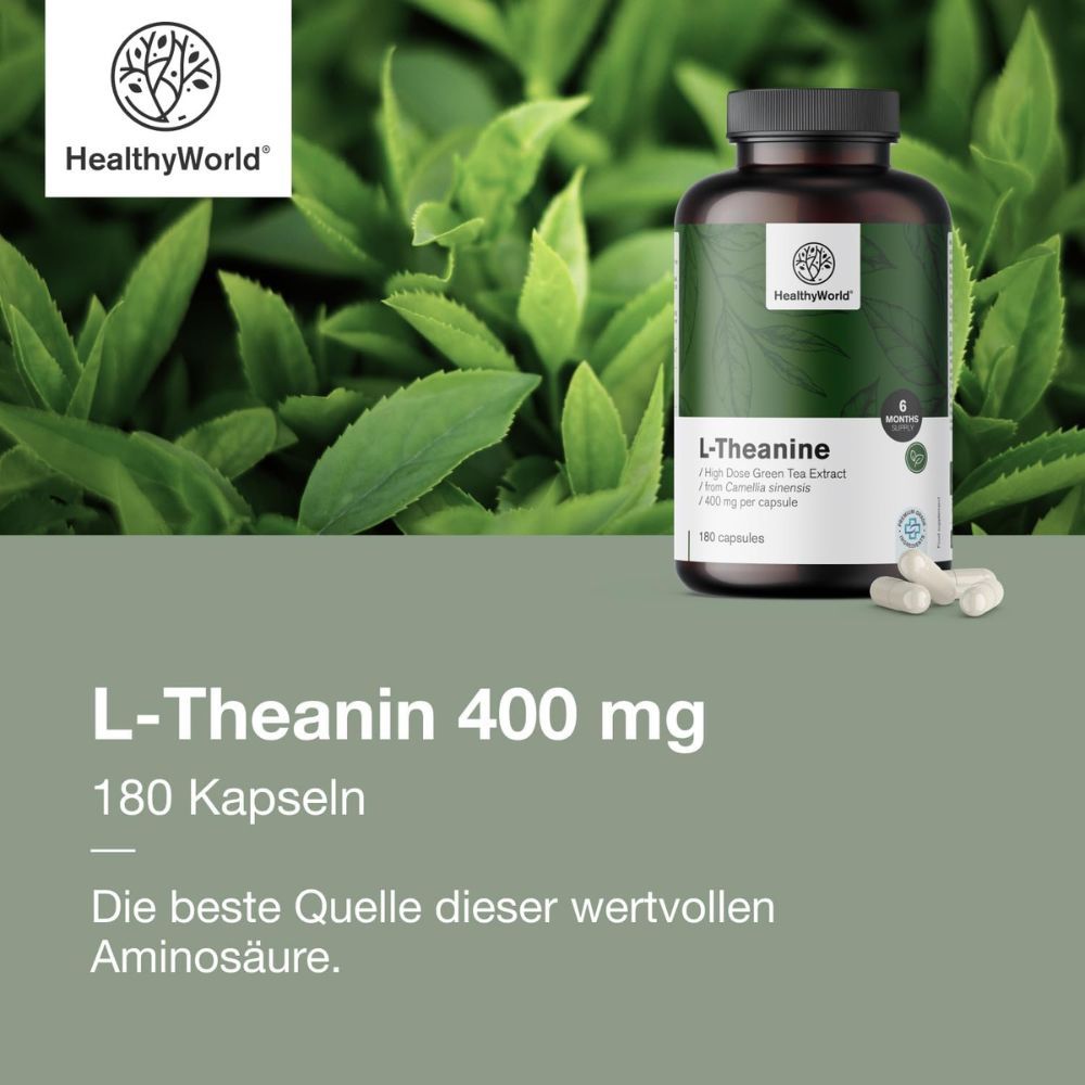 Flasche L-Theanin und Kapseln. Aufschrift: 400 mg, 180 Kapseln. Marke: HealthyWorld. Hintergrund: Grün.