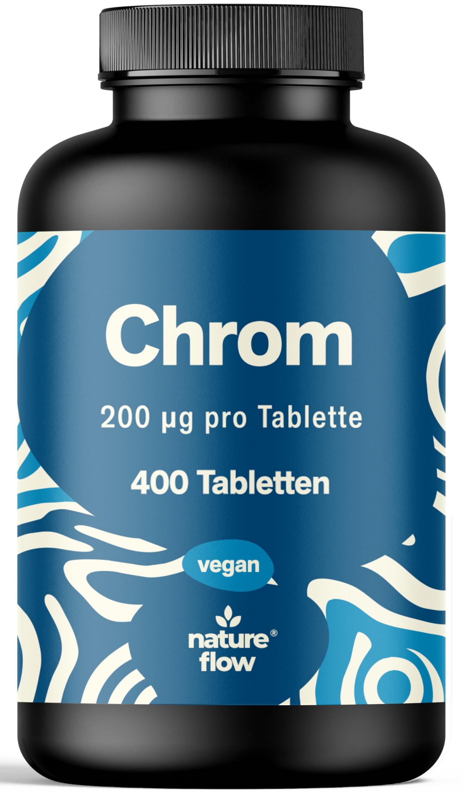 Schwarze Flasche mit blauem Etikett. Enthält "Chrom" Tabletten, 200 µg pro Tablette, 400 Tabletten. Vegan-Siegel. Marke: nature flow.