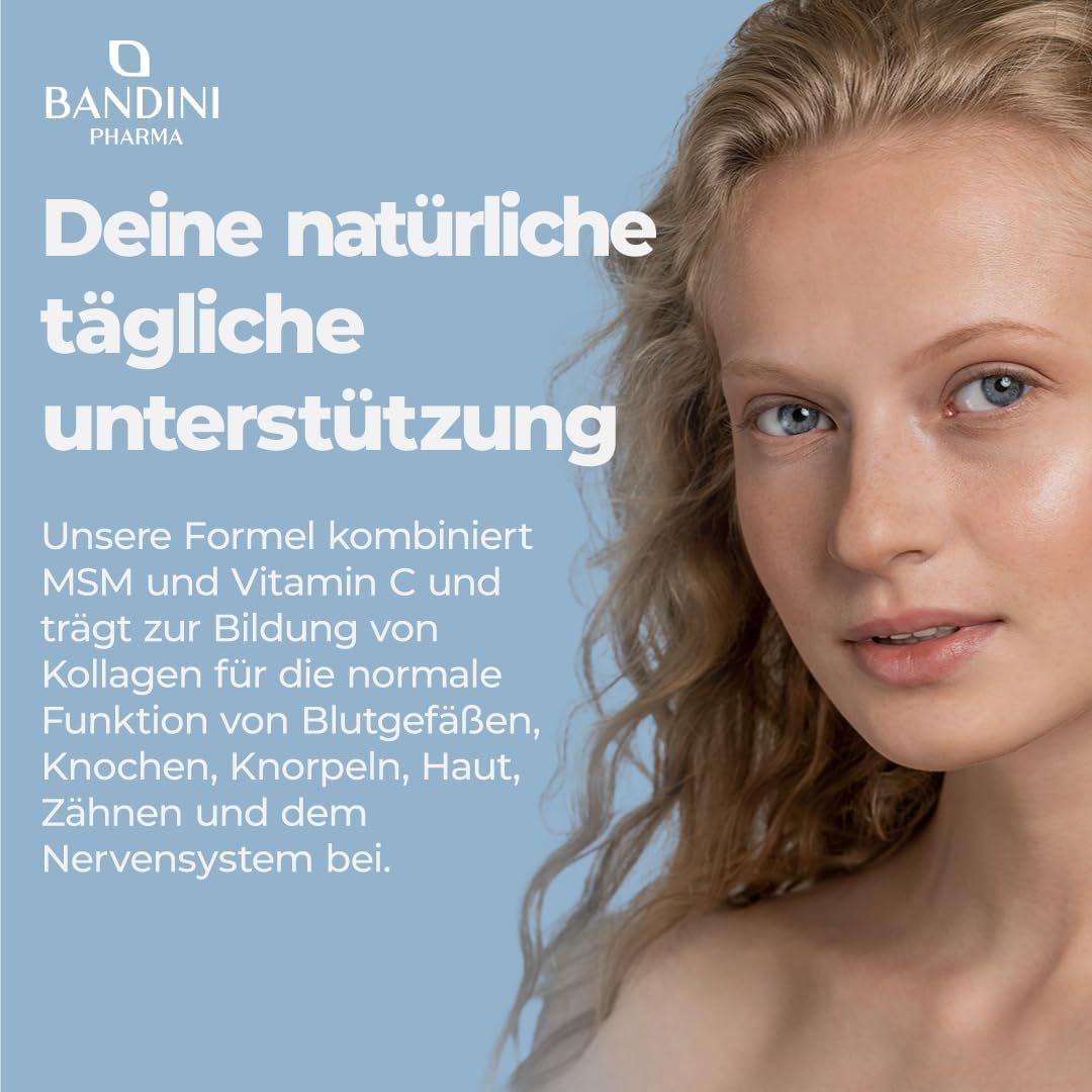 Nahaufnahme einer Frau. Text: Unsere Formel kombiniert MSM und Vitamin C. Für Gefäße, Knochen, Knorpeln, Haut, Zähne und Nervensystem.