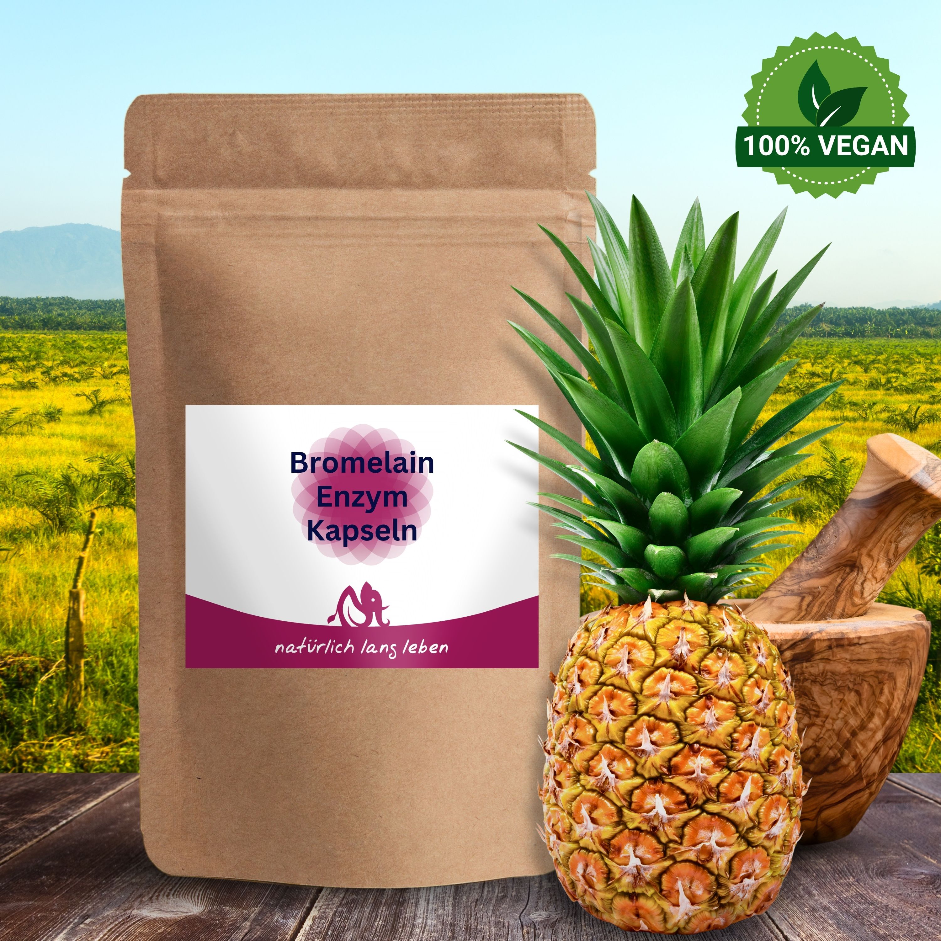 Braune Tüte mit Etikett, daneben eine Ananas und ein Mörser. Auf dem Etikett steht "Bromelain Enzym Kapseln" und "natürlich lang leben".