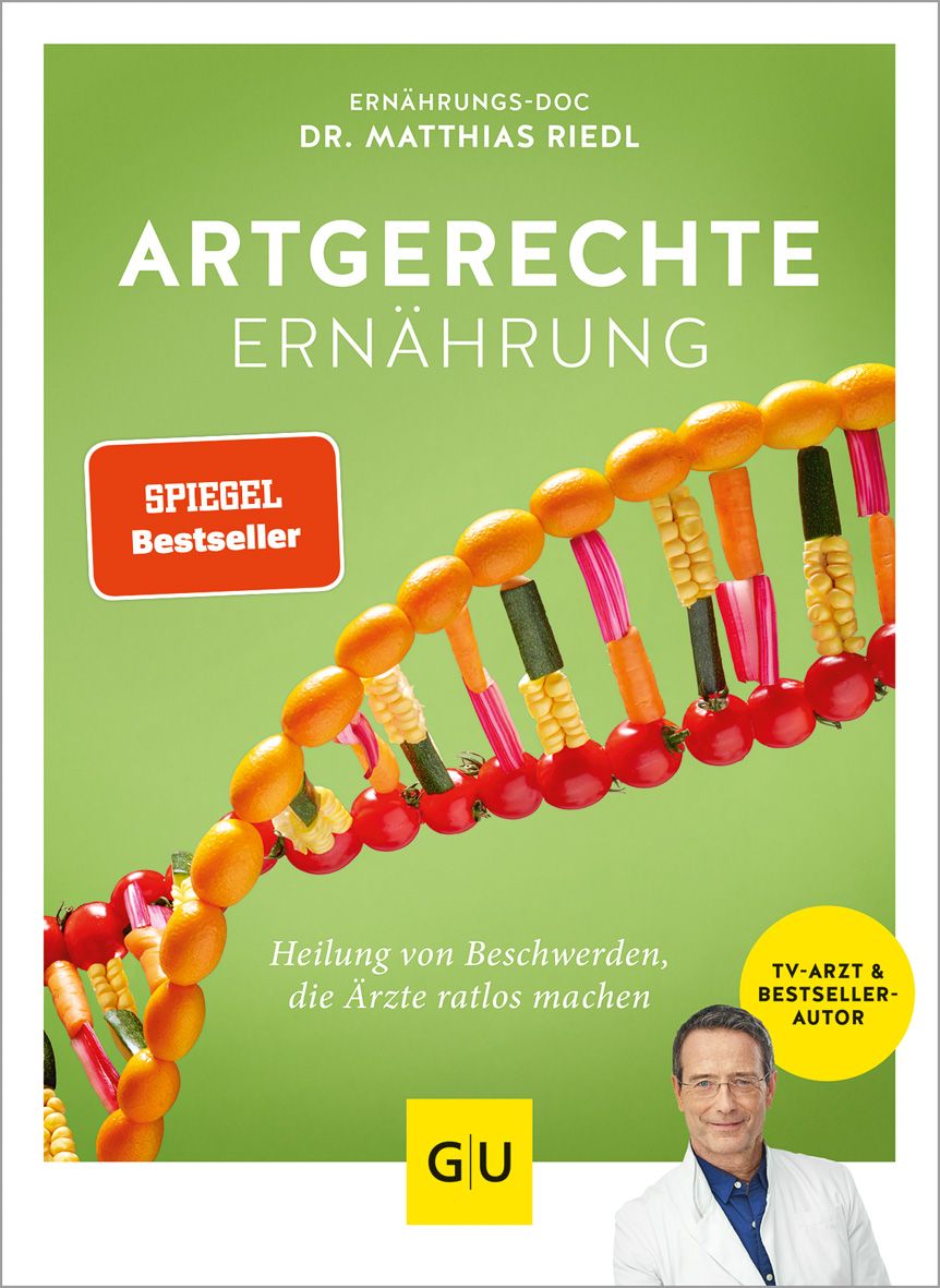 Buchcover: "Artgerechte Ernährung" von Dr. Matthias Riedl. Titel in Weiß auf grünem Hintergrund. DNA-Strang aus Gemüse. Spiegel Bestseller.