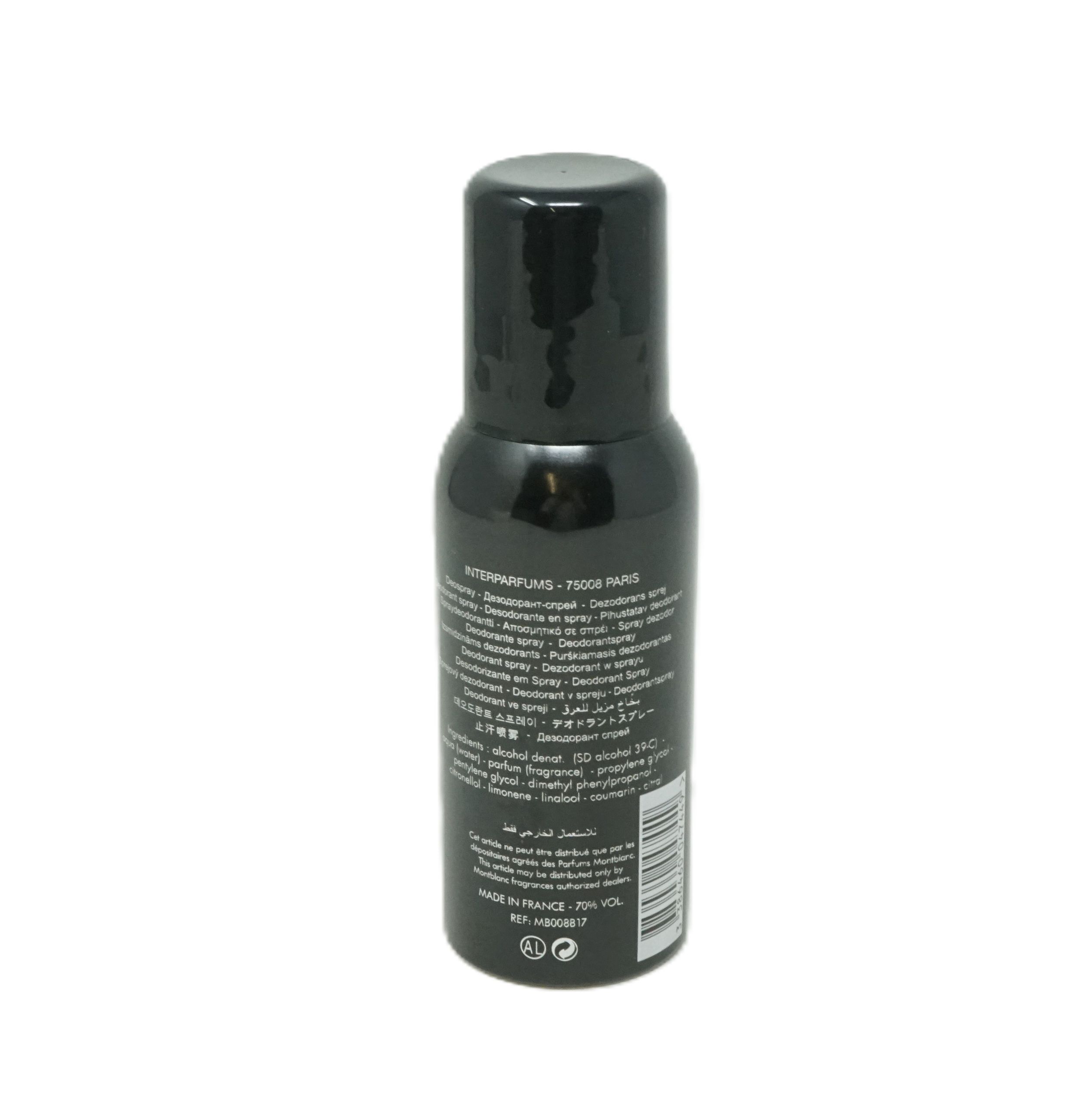 Schwarze Deodorant-Spray-Flasche. Text: Montblanc, Legend, Deodorant Spray. 100 ml. Hergestellt in Frankreich.