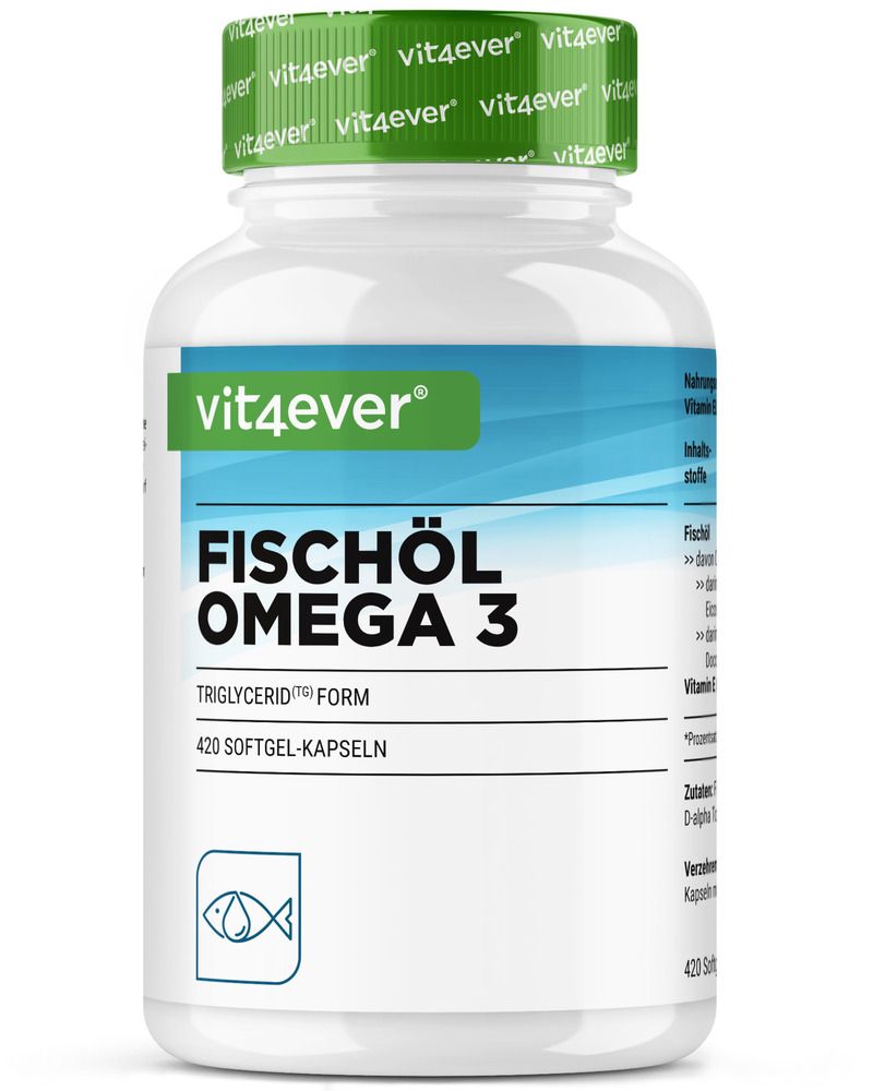 Weiße Flasche mit Fischöl Omega 3 Kapseln. Grün-weißes Etikett. Aufschrift: Fischöl Omega 3. 420 Softgel-Kapseln.