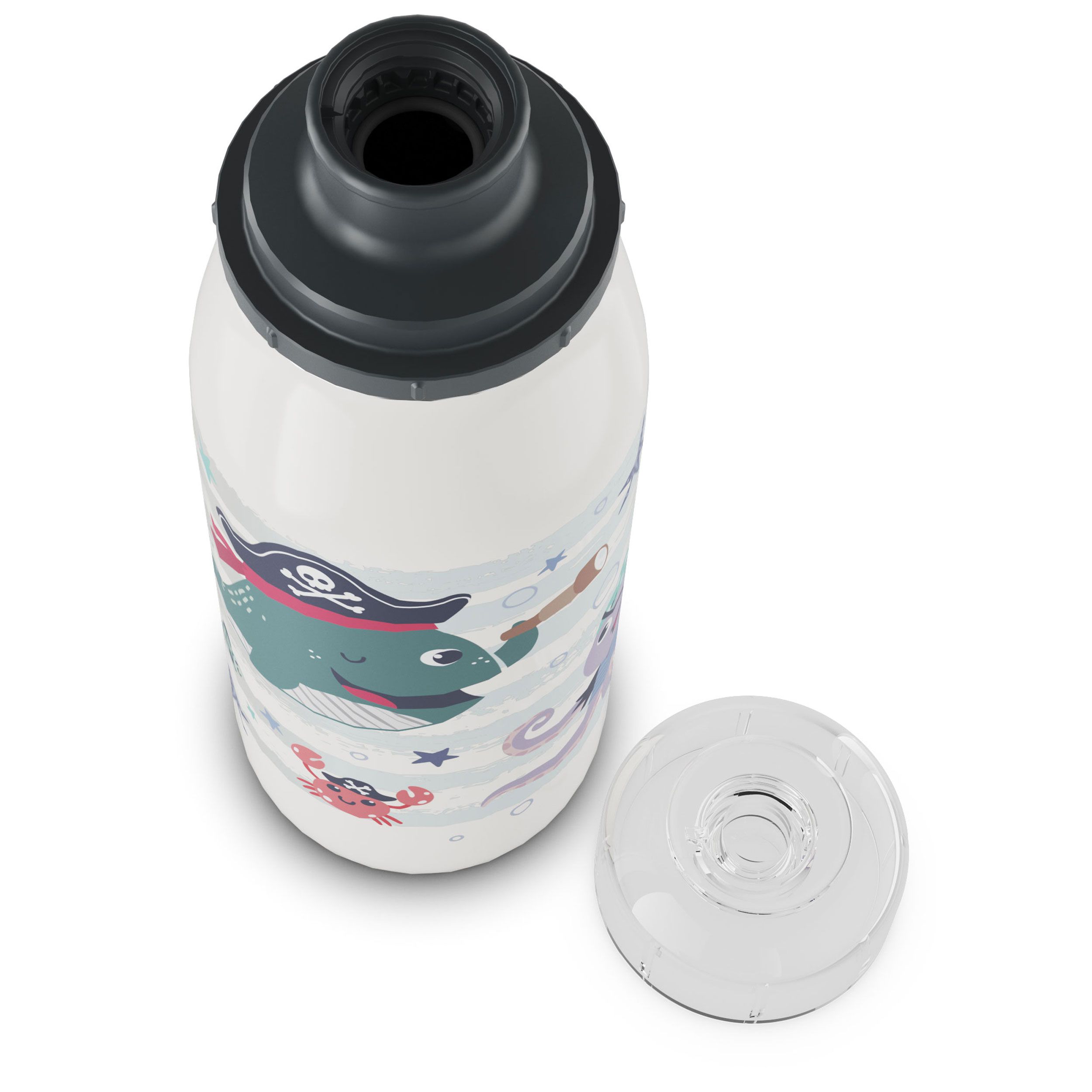 ALFI Kinderflasche mit Piraten-Wal-Motiv, von oben mit abgenommenem Verschluss.