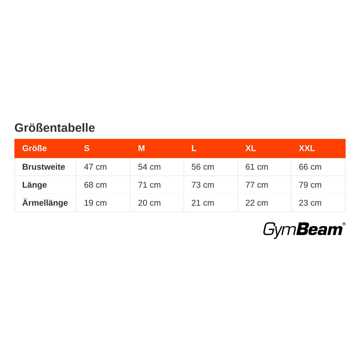 Größentabelle für GymBeam T-Shirts mit Maßen für Brustweite, Länge und Ärmellänge.