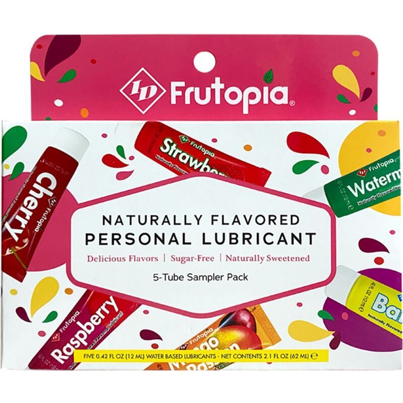 Verpackung mit fünf Tuben Gleitgel mit Fruchtaromen. Aufschrift: ID Frutopia, Naturally Flavored Personal Lubricant, 5-Tube Sampler Pack. Farben: Rot, Grün, Pink, Orange, Gelb.