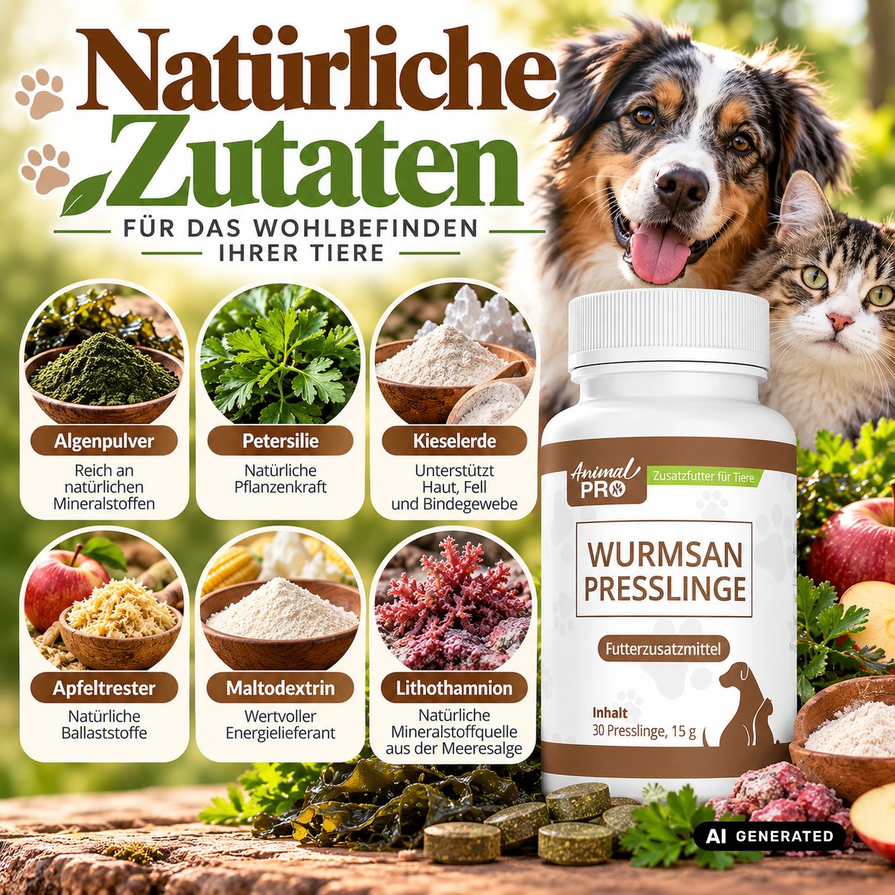 Flasche mit 'WURMSAN PRESSLINGE' und 30 Presslingen, 15g. Enthält Algenpulver, Petersilie, Kieselerde, Apfeltrester, Maltodextrin, Lithothamnion.