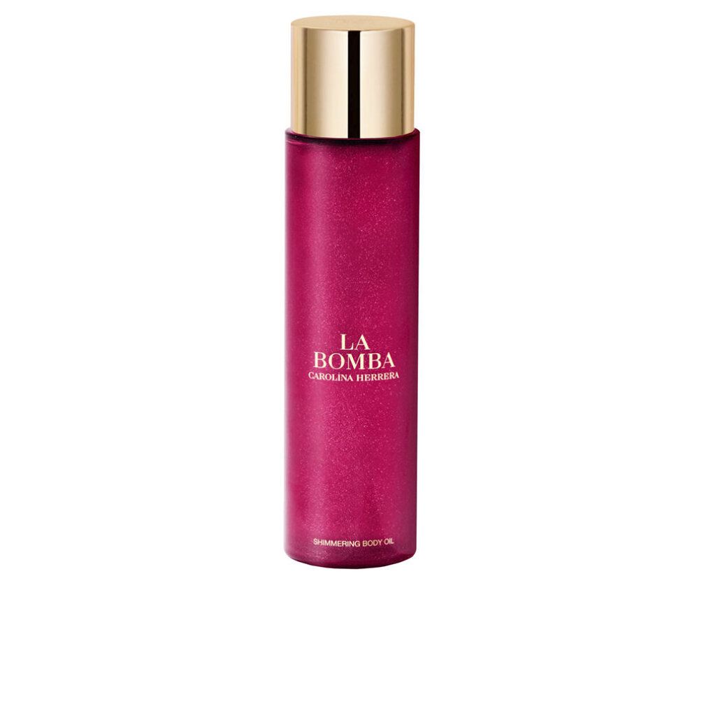 Rote Flasche mit goldenem Deckel. Aufschrift: LA BOMBA CAROLINA HERRERA. Text: SHIMMERING BODY OIL.