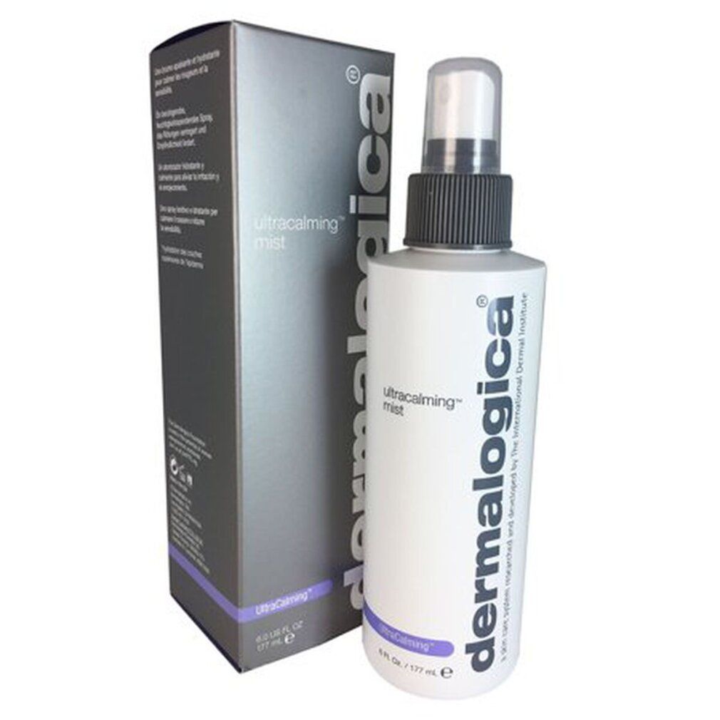 Produktflasche und Schachtel. Aufschrift: UltraCalming Mist, dermalogica. Graue Schachtel.