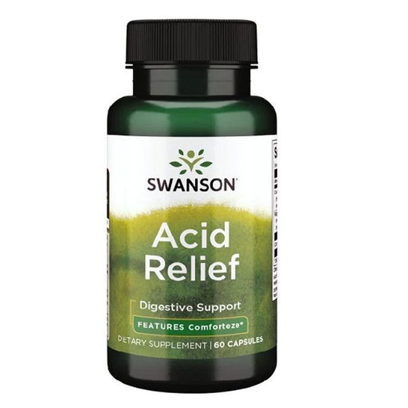 Grüne Flasche mit schwarzem Deckel. Aufschrift: Swanson Acid Relief. Enthält 60 Kapseln. Verdauungsunterstützung.