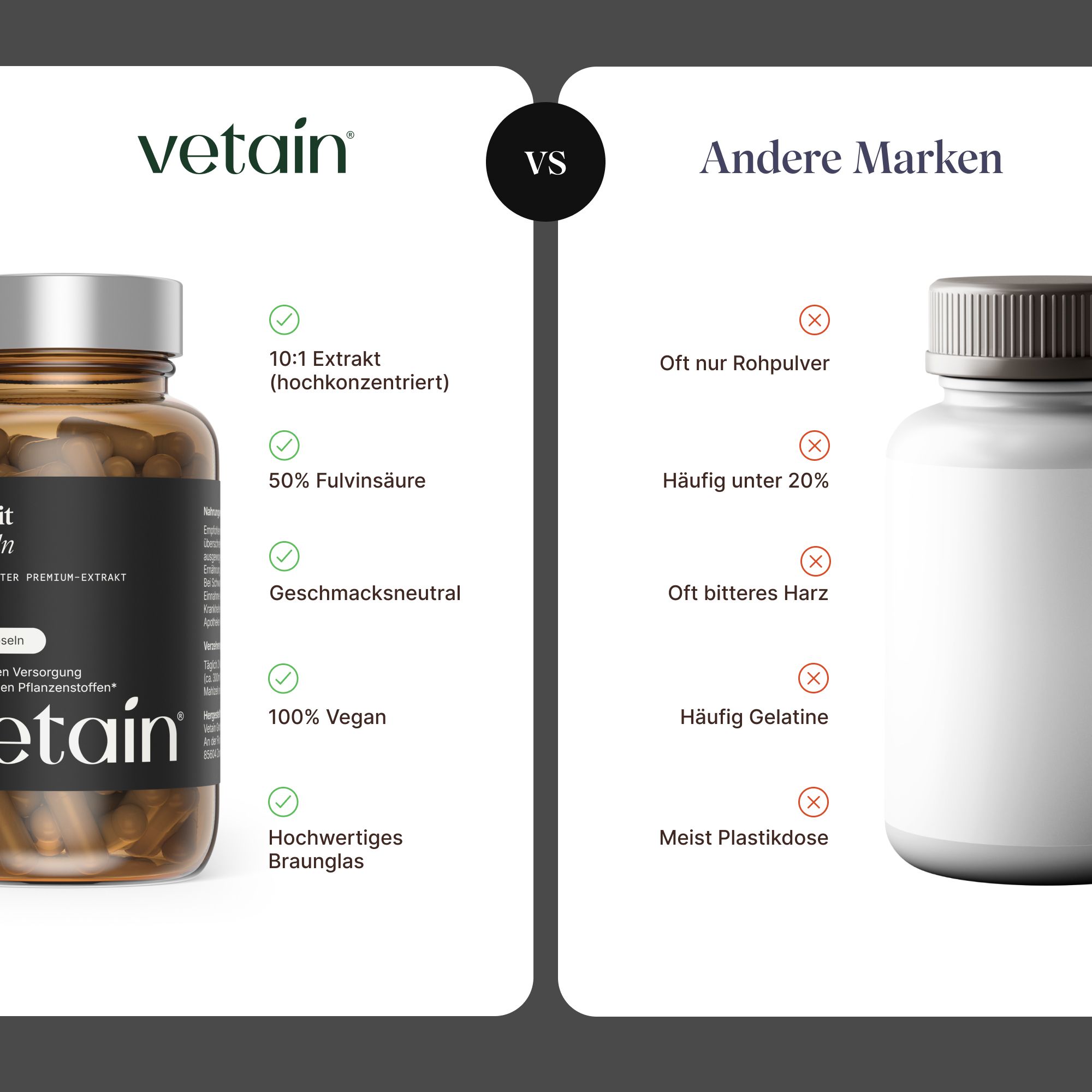 Vergleich VETAIN Shilajit Kapseln mit anderen Marken. VETAIN zeigt Vorteile wie 10:1 Extrakt, 50% Fulvinsäure, vegan.