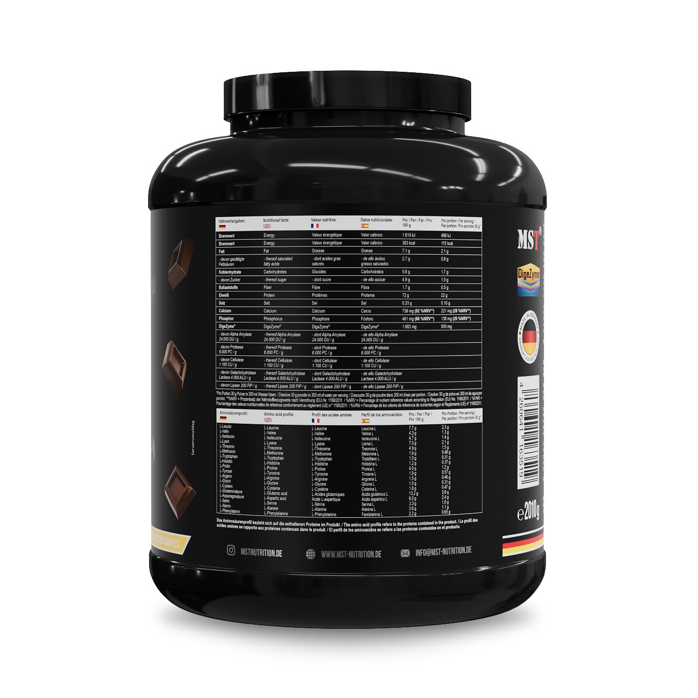 Rückseite der MST Best Whey Protein Dose mit detaillierten Nährwerttabellen in mehreren Sprachen. 2010g.