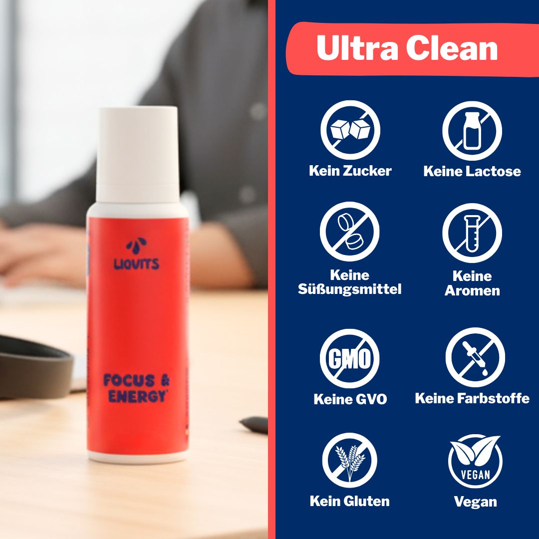 Rote Flasche mit weißem Pumpkopf. Aufschrift: LIQVITS, FOCUS & ENERGY. Symbole auf Holzoberfläche.