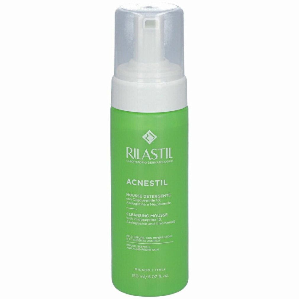 Grüne Flasche mit weißem Pumpkopf. Aufschrift: RILASTIL, ACNESTIL, Reinigungsschaum. Für unreine Haut.